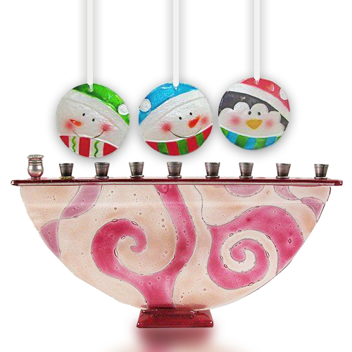 Christmas and Hanukah Craft Idea Menorah and Ornaments made of Glass Fusion by Fire Glass Studio